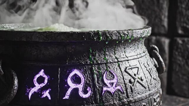 Witch Cauldron With Glowing Purple Runes Bubbling With Green Liquid And White Smoke In A Dark Stone Dungeon