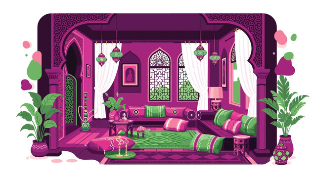Vibrant Middle Eastern living room interior designed with purple walls, green cushions, and traditional hanging lanterns.
