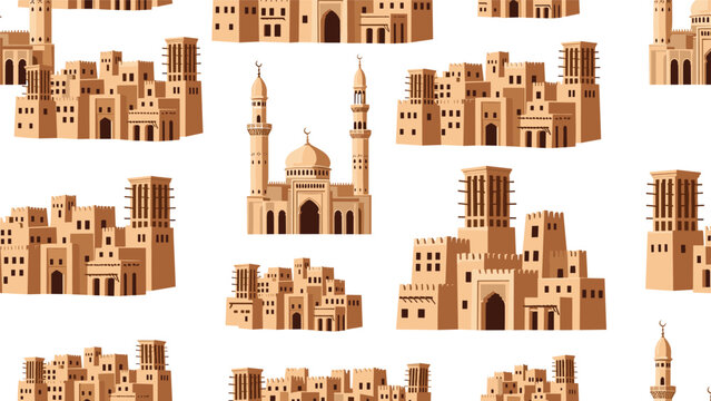 Seamless pattern background featuring various ancient Middle Eastern architectural structures like mosques and wind towers.