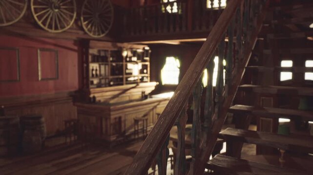 Dusty wooden saloon interior, warm light casting long shadows across worn bar counter, creaking staircase and carved railing sunbeams slice through high windows