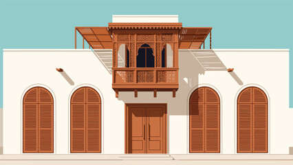 Fototapeta premium Front view of a traditional Arabian house facade featuring an ornate wooden mashrabiya balcony and arched windows.