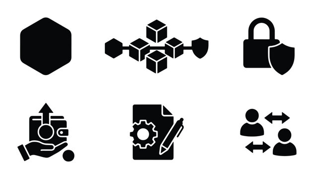 Blockchain Technology Icons: Secure Data, Digital Wallet, Network Security, Smart Contracts, Peer-to-Peer Transactions, Hexagonal Block