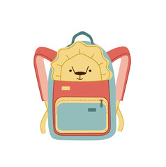 Bright school rucksack featuring a friendly lion character. Educational accessory for children, nursery, and preschool students. Vector illustration isolated on white background.