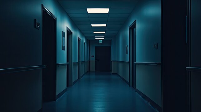 Hospital corridor appearing empty and dark, creating a mysterious and suspenseful atmosphere, with light fixtures illuminating elements of the interior architecture