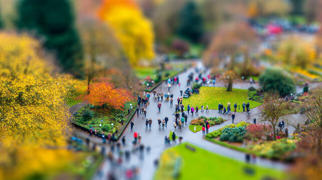 Autumn city park in miniature tilt-shift effect. People walking on a path surrounded by vibrant red, orange, and yellow fall foliage. Conceptual toy world of seasonal nature and urban life October day