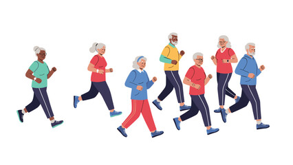 Fototapeta premium Group of active senior men and women in sportswear jogging together for exercise and health benefits on a plain white background.