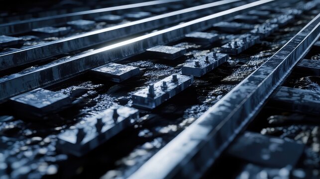 Railway track presenting a journey, industry, and progress concept with parallel metal rails extending into the distance through a dark, textured landscape