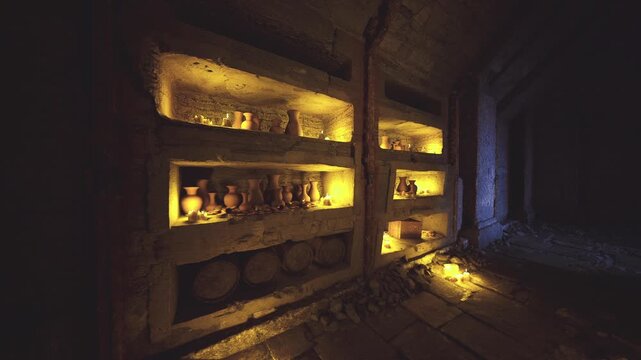 Shelves of warm glowing pottery with apothecary inventory and amber candlelight, textured clay vases and jars arranged in niches, hushed medieval atmosphere