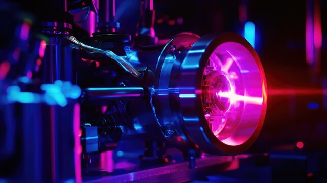 Advanced scientific equipment emitting a bright pink red laser beam, demonstrating precision diagnostics and cutting edge optical research in a vibrant lab setting with blue neon lighting