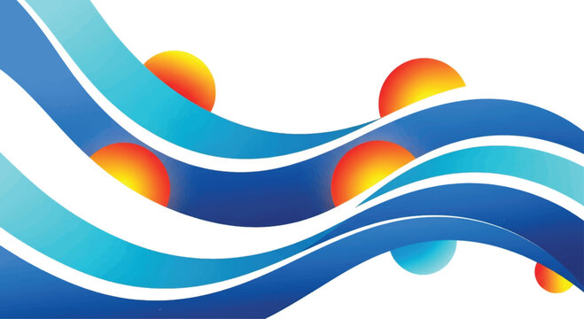 Abstract blue wave background, gradient curves, colorful orbs, vibrant wavy lines, modern design element