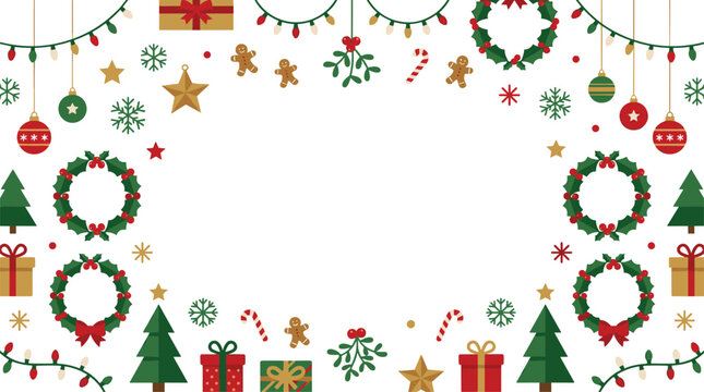 Decorative Christmas border design with various holiday ornaments and gingerbread cookies arranged on a white background with a vibrant festive color palette.