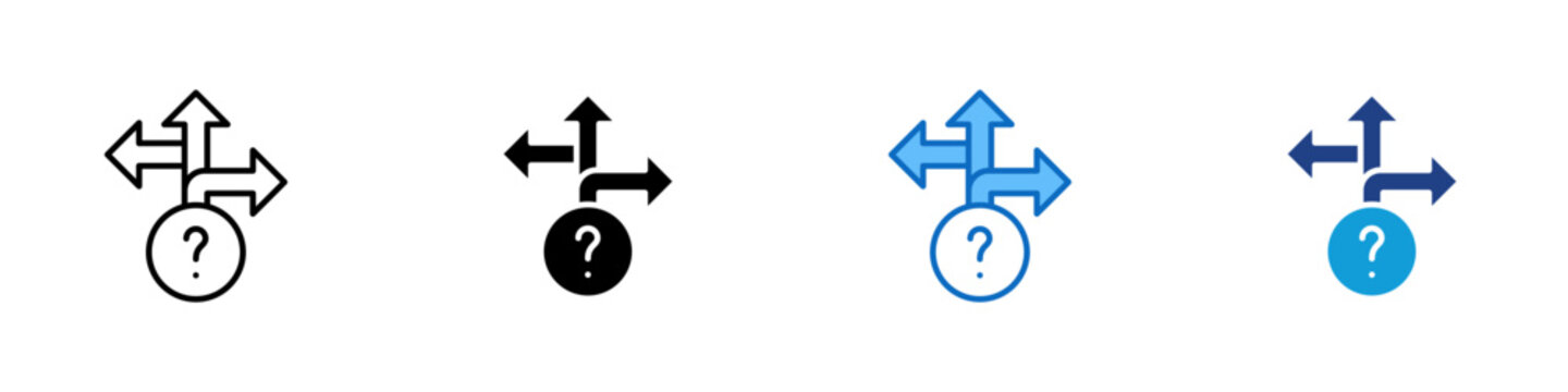 Decision Direction Multiple Style Icon Design Vector - Arrows pointing multiple ways with question mark representing strategic decision making, navigation choice, and directional confusion
