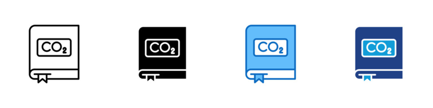 CO2 Registry Multiple Style Icon Design Vector - Book labeled CO2 representing carbon emission record, greenhouse gas documentation, and environmental compliance log