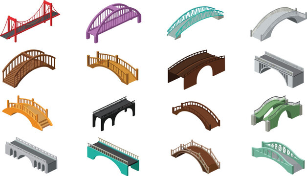 Isometric Bridge Vector Icon Set Featuring Suspension Bridges, Arch Designs, and Wooden Garden Pathways for Architecture, Urban Planning, and Landscape Design Graphic Illustrations