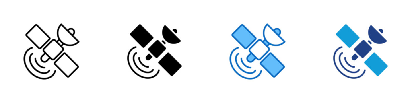 Satellite Tracking Multiple Style Icon Design Vector - Satellite with signal waves representing GPS tracking, space communication, and remote sensing technology