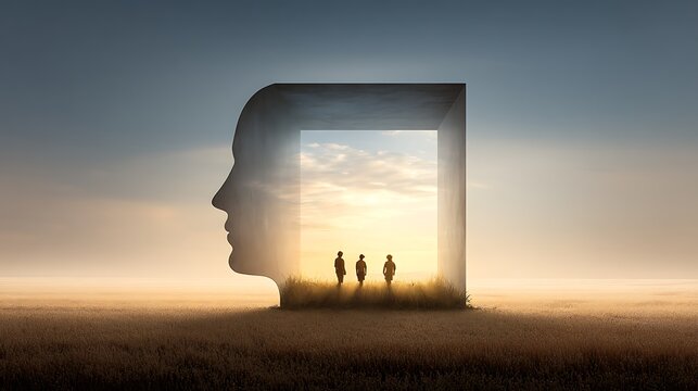 Silhouette of three people standing in a field inside a giant human head shaped doorway frame