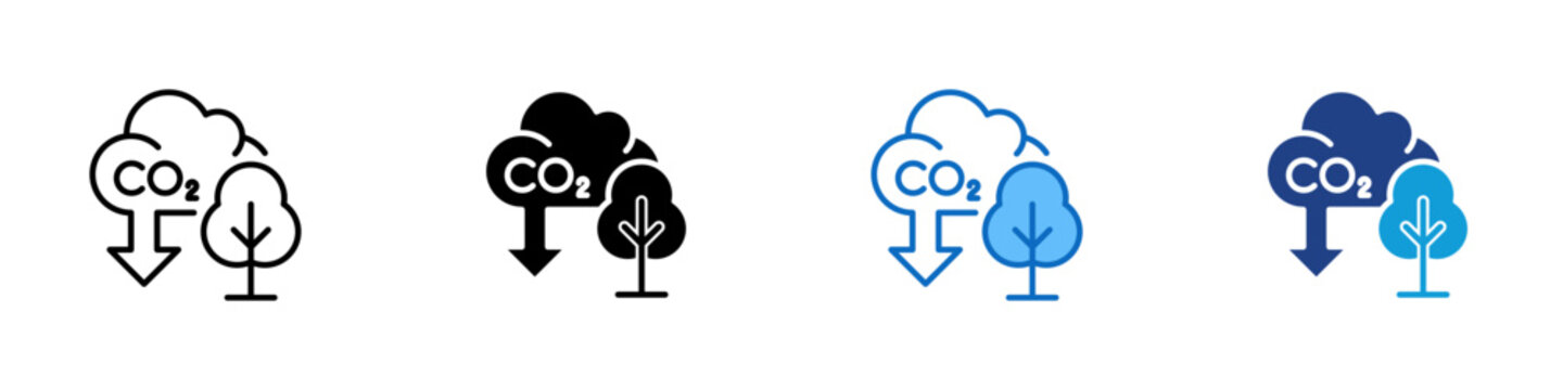 Carbon Reduction Multiple Style Icon Design Vector - CO2 label with downward arrow and trees representing emission reduction, carbon offset, and reforestation sustainability goal