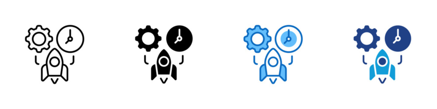 Automated Workflow Multiple Style Icon Design Vector - Gear with clock and rocket representing process automation, time efficient workflow, and operational speed optimization