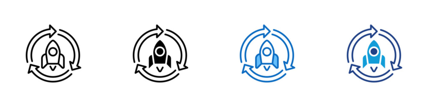 Agile Iteration Multiple Style Icon Design Vector - Rocket inside circular arrows representing agile development cycle, iterative process, and continuous product improvement