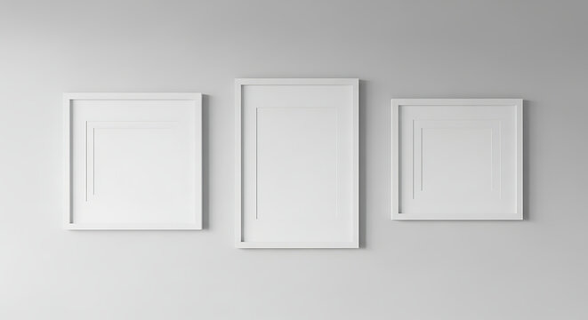 Set of three blank white picture frames on gray wall with wall art minimalist interior photography frame set template presentation exhibition