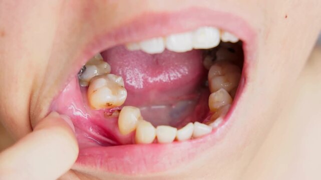 Close up inside a human mouth showing a molar tooth with severe decay and cavity