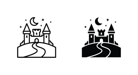 Fantasy Castle Icon Set, Medieval Fortress Silhouette, Night Sky and Stars, Royal Landmark Vector Graphics for Fairytale and History Projects © MdZahirul