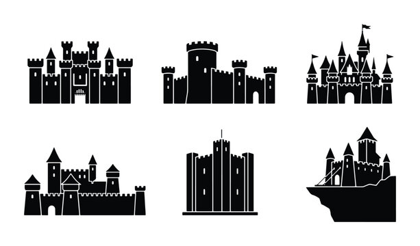 Medieval Castle Icons Set, Fantasy Fortress Silhouettes, Royal Palace Vector Graphics, Historic Fortifications Collection