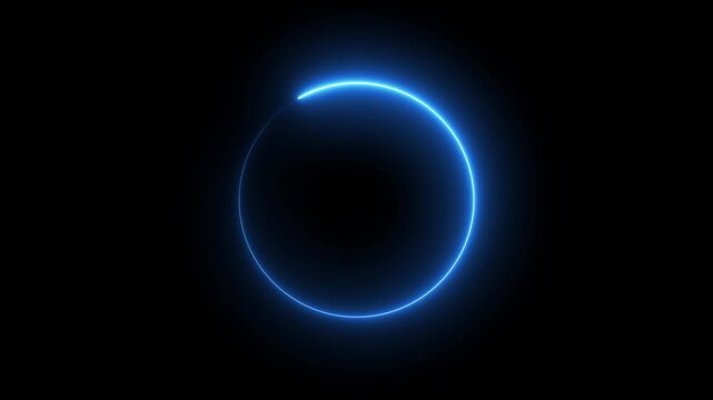 Abstract neon circle animation rotating and glowing against a dark background with futuristic digital.Bright pink neon glowing circle ring abstract background design element.Neon ellipse circle border