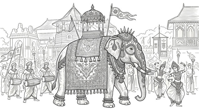 Sri Lankan Perahera Elephant Line Art Traditional Festival Decorated Cultural Illustration