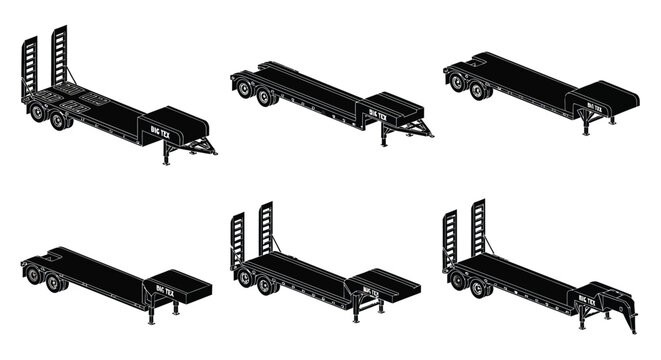 Various trailer silhouettes with detailed chassis isolated on white background silhouette