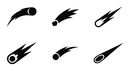 Set of 6 Black Comet Icons, Meteor Shower Symbols, Celestial Event Vector Graphics, Space Exploration Elements, Cosmic Phenomenon Illustrations © Rima