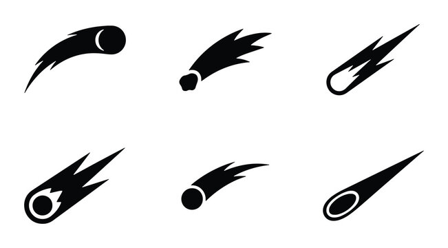 Set of 6 Black Comet Icons, Meteor Shower Symbols, Celestial Event Vector Graphics, Space Exploration Elements, Cosmic Phenomenon Illustrations