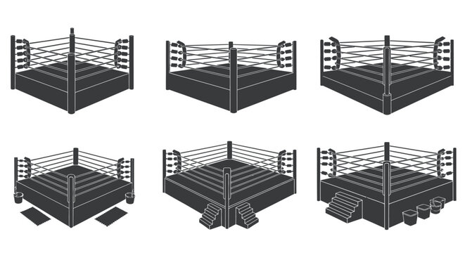 Wrestling ring silhouettes with various perspectives black on white silhouette