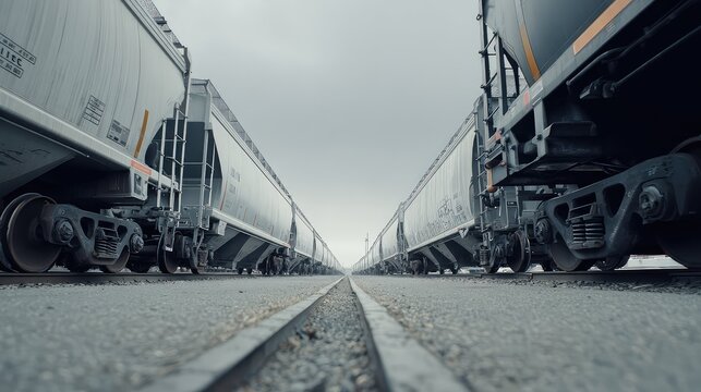 Freight train wagons stand on parallel tracks, creating a strong sense of perspective and showcasing industrial logistics, transportation, and cargo infrastructure under a gray sky
