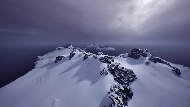 aerial survey ridge with scattered rock spine and soft snow slopes, low contrast cold lighting and distant archipelago, evokes cartography, drone operations