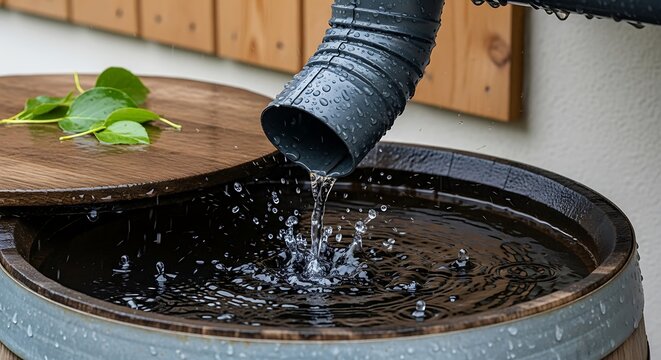 Rain water flowing from a metal gutter downspout into a black plastic rain collection barrel at home. rain water barrel