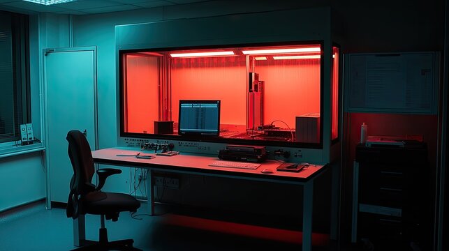 Scientific laboratory featuring a darkroom environment with specialized red light illuminating experimental equipment and a computer, suggesting advanced research and technological development work