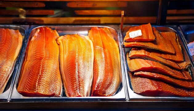 smoked fillets of salmon for sale in delicatessen deli counter in market hall in sweden varmrokt lax