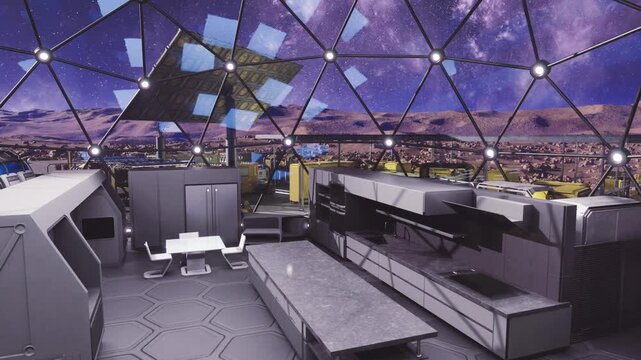 research observatory with instrument array and consoles, sensor panels, satellite antenna, data displays, spectral imaging equipment under starfield