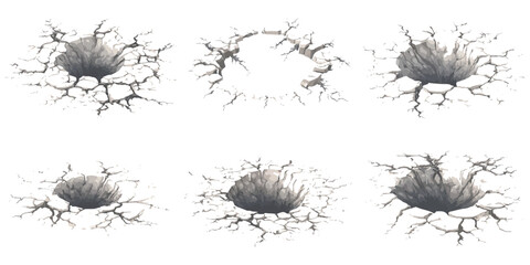 Earthquake ground cracks holes and craters with dead dry trees isometric post-apocalyptic scenery vector illustration. © Design House