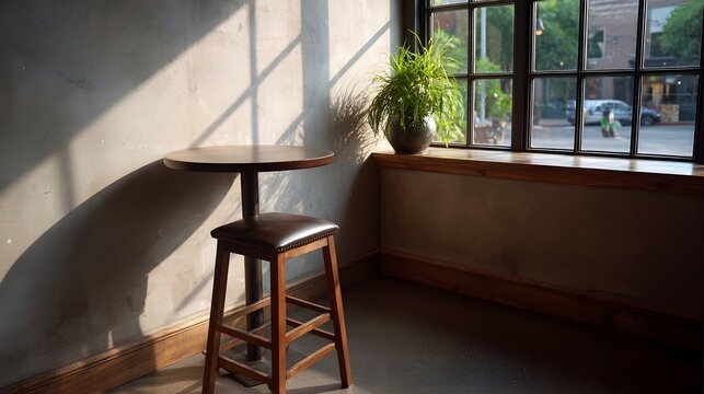 Sunlight streams into a raw indoor corner casting dramatic shadows over a rustic wooden stool and table next to a potted plant