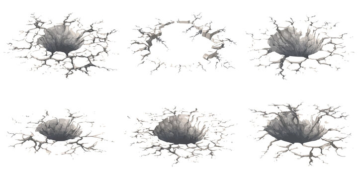 Earthquake ground cracks holes and craters with dead dry trees isometric post-apocalyptic scenery vector illustration.