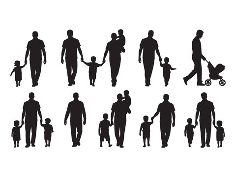 Set of black silhouettes showing fathers walking with children, holding hands, and pushing a baby stroller, isolated on a white background, for various applications