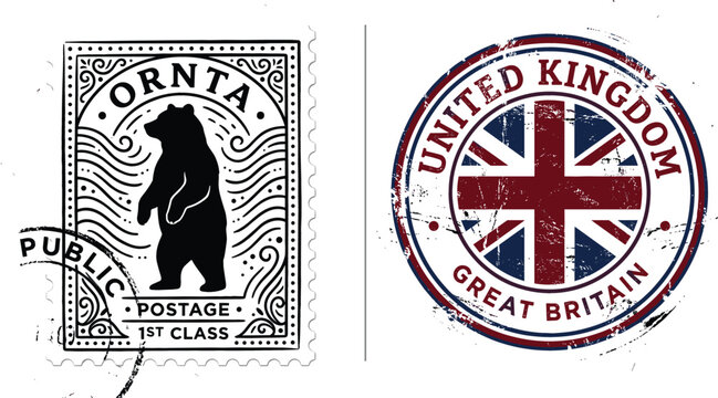 Vintage style postage stamp featuring a standing bear and a distressed circular United Kingdom Great Britain Union Jack flag stamp, for travel and mail concepts.