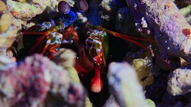 Vibrant Peacock Mantis Shrimp with striking blue eyes peeks from its coral reef hideaway in a mesmerizing underwater close-up
