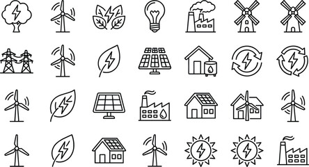 Renewable energy line icon set featuring solar panels wind turbines eco friendly houses and green power symbols for sustainable environment and clean technology concepts. © MdGohurul