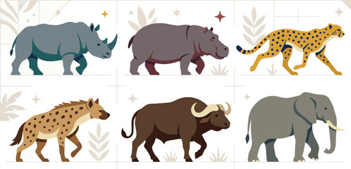 Obraz premium A cute cartoon set of wild jungle and farm animals featuring a lion, elephant, giraffe, and sheep in a vector illustration style for a baby zoo collection