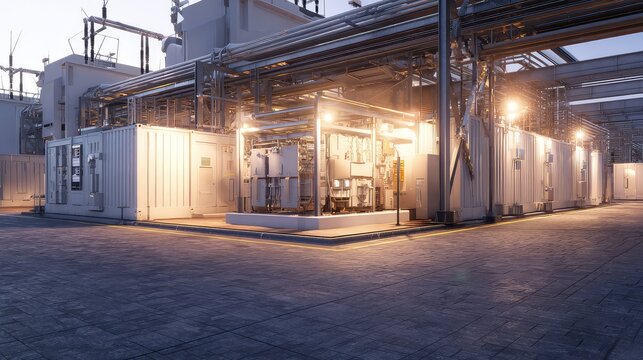 Modern power substation at dusk with large transformers, switchyard equipment and high voltage lines transmitting electricity across the grid for reliable energy distribution and growth