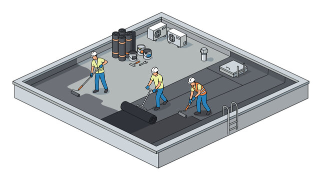 Three construction workers in protective gear and hard hats systematically apply black bituminous waterproofing membrane sheets to a flat rooftop surface during renovation.