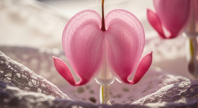 A delicate pink bleeding heart flower petal displaying intricate veins and soft lighting